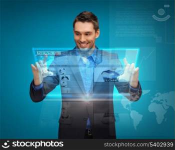 business, technology, internet and news concept - businessman with virtual screen reading news