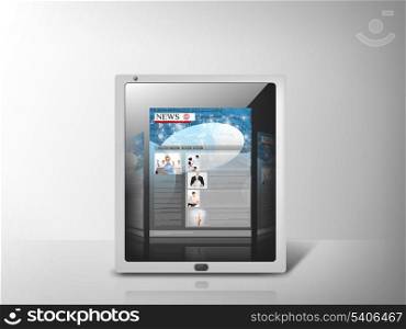 business, technology, internet and news concept - illustration of tablet pc with news app