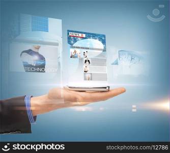 business, technology, internet and news concept - man hand showing smartphone with news app