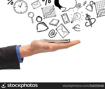 business, technology, internet and news concept - man hand with smartphone