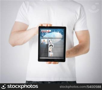 business, technology, internet and news concept - man showing tablet pc with news app