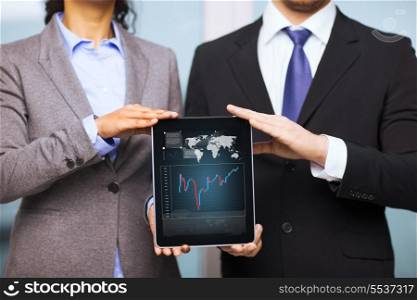 business, technology, internet and office concept - businessman and businesswoman with blank black tablet pc screen in office