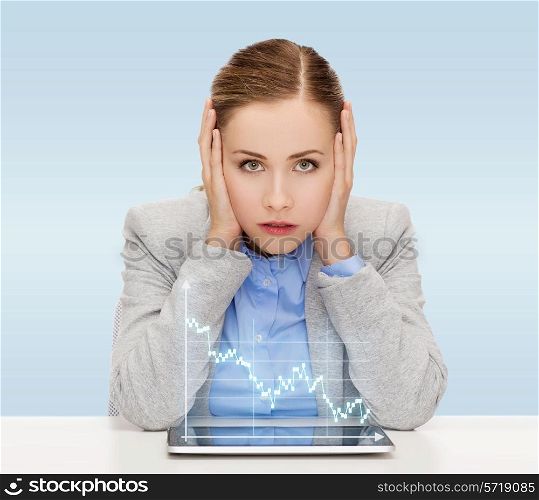 business, technology, internet and office concept - businesswoman with tablet pc computer and forex graph over blue background