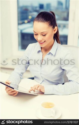 business, technology, internet and office concept - smiling businesswoman with tablet pc and coffee in office