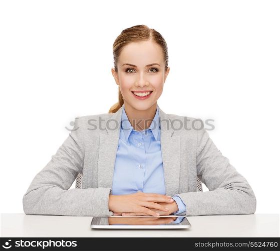 business, technology, internet and office concept - smiling businesswoman with tablet pc computer