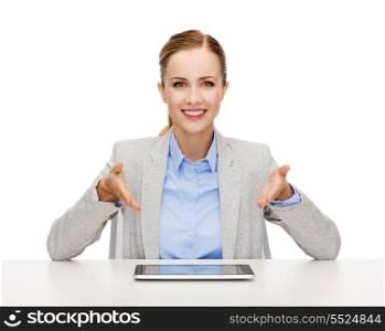 business, technology, internet and office concept - smiling businesswoman with tablet pc computer