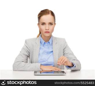 business, technology, internet and office concept - upset businesswoman with tablet pc computer holding something imaginary