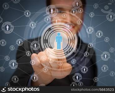 business, technology, internet and social networking concept - businessman pressing button with contact on virtual screens