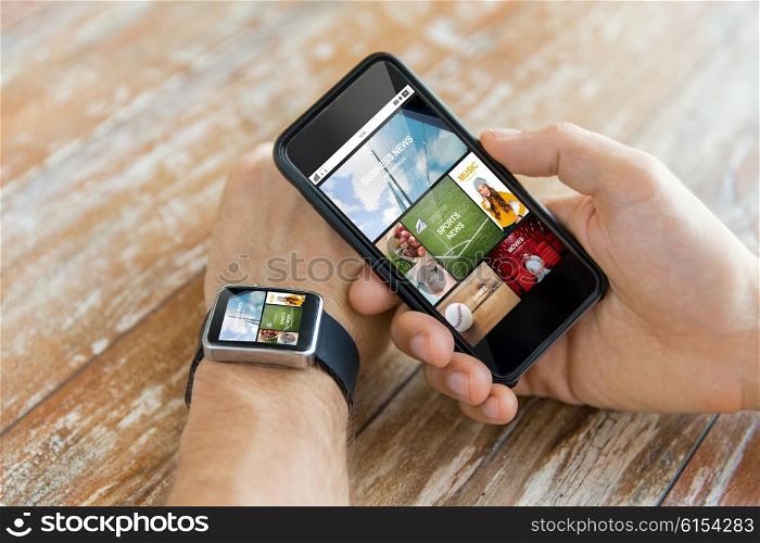 business, technology, media and people concept - close up of male hand holding smart phone and wearing watch with news application