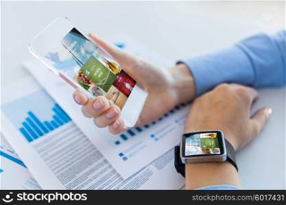 business, technology, media and people concept - close up of woman hand holding transparent smartphone and wearing smartwatch with news application