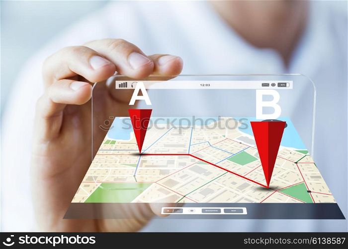 business, technology, navigation, location and people concept - close up of male hand holding and showing transparent smartphone with gps navigator map