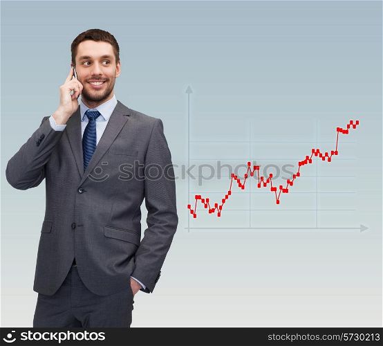 business, technology, people and finances concept - young smiling businessman talking with smartphone over gray background and forex graph going up