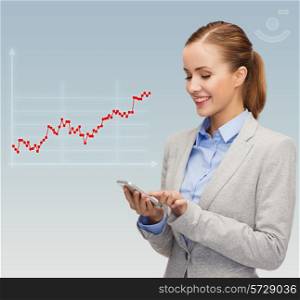 business, technology, people and statistics concept - young smiling businesswoman with smartphone over gray background and forex graph going up