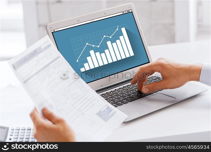 business, technology, statistics and people concept - close up of businessman with graph on laptop computer screen working at office