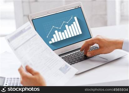 business, technology, statistics and people concept - close up of businessman with graph on laptop computer screen working at office