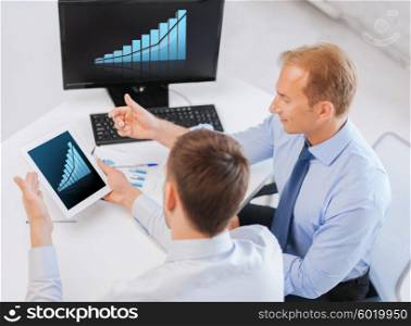 business, technology, statistics, economics and people concept - businessmen with charts on tablet pc and computer at office