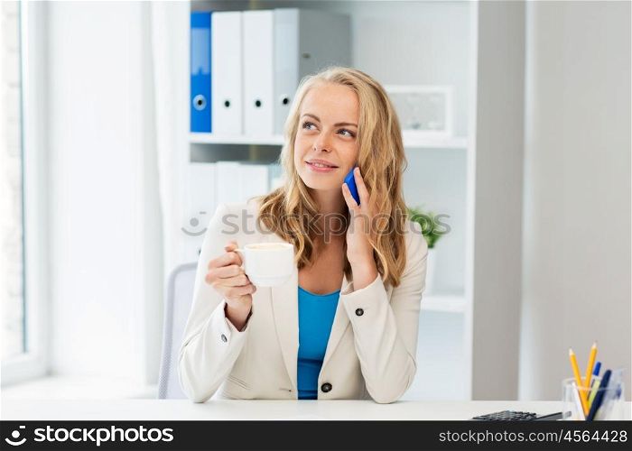 business, tecnology, communication and people concept - happy businesswoman calling on smartphone at office