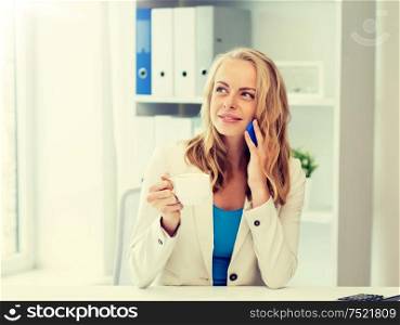 business, tecnology, communication and people concept - happy businesswoman calling on smartphone at office. businesswoman calling on smartphone at office