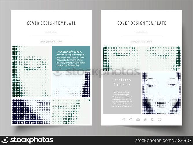 Business templates for brochure, magazine, flyer, booklet. Cover design template, Abstract layout in A4 size. Halftone dotted background, retro style grungy pattern, vintage texture. Halftone effect. Business templates for brochure, magazine, flyer, booklet or annual report. Cover design template, easy editable vector, abstract flat layout in A4 size. Halftone dotted background, retro style grungy pattern, vintage texture. Halftone effect with black dots on white.