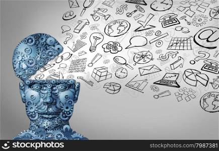 Business thinking and thinking businessman concept as an open human head made of gears with office icons spreading out as a symbol of financial intelligence and corporate education or seminar courses.