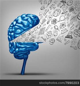 Business thoughts and financial vision concept as an open human brain with office icon symbols as charts graphs and objects as a metaphor for marketing success training and strategy communication.