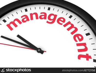 Business time management concept 3d illustration with a face clock and management sign printed in red.