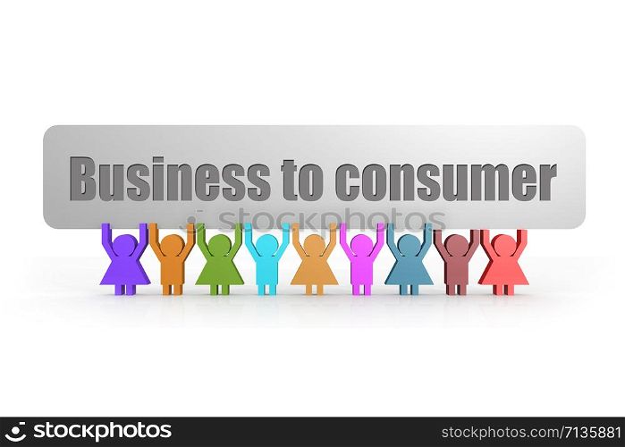 Business to consumer word on a banner hold by group of puppets, 3D rendering