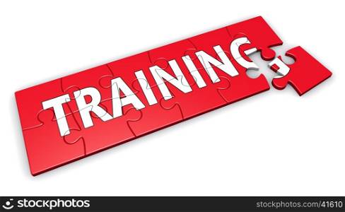 Business training development concept with sign and word on a red puzzle 3D illustration isolated on white background.