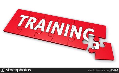 Business training development concept with sign on a red puzzle 3D illustration.