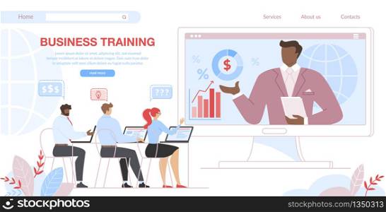 Business Training. Men and Woman Students Sitting at Desk at Computer Screen with Trainer Explaining Information in Classroom at Huge Monitor. Cartoon Flat Vector Illustration, Horizontal Banner.. Business Training Students Sit at Computer Screen