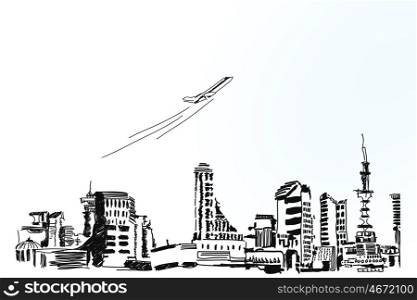 Business travel. Background conceptual image with sketches on white backdrop