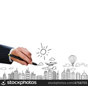 Business travel. Close up of businessman hand sketching images