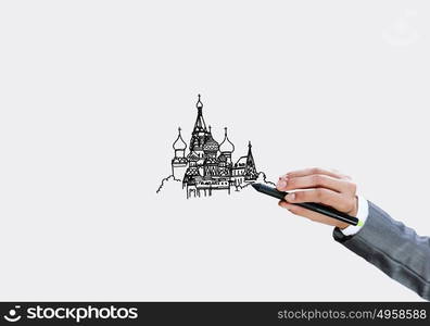 Business travel. Close up of businesswoman hand drawing sketches with marker