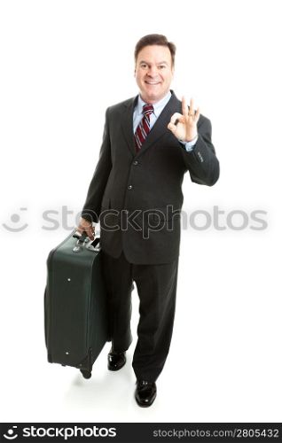 Business traveler gives the A-Okay sign. Full body isolated on white background.