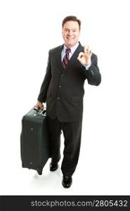 Business traveler gives the A-Okay sign. Full body isolated on white background.