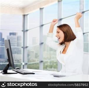business, triumph, people and education concept - happy businesswoman with computer and raised hands over office window background