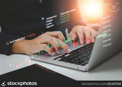 Business using computer laptop and analysing the financial data graph diagram interface virtual screen technical price indicator trading online concept.