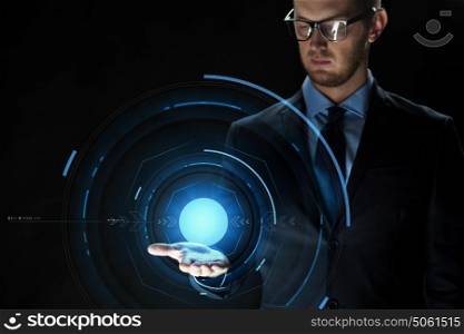business, virtual reality, future technology and people concept - close up of businessman in suit with projection. close up of businessman with virtual projection
