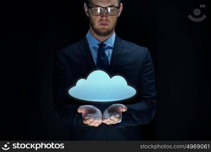 business, virtual reality, future technology, cyberspace and people - businessman with cloud projection over black background. businessman with cloud projection over black