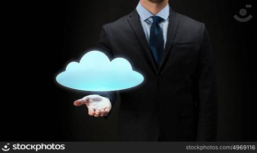 business, virtual reality, future technology, cyberspace and people - close up of businessman with cloud projection over black background. close up of businessman with cloud projection