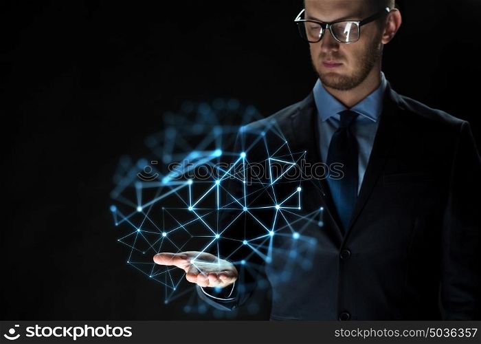 business, virtual reality, network, future technology and people concept - close up of businessman in suit with low poly projection. close up of businessman with network projection