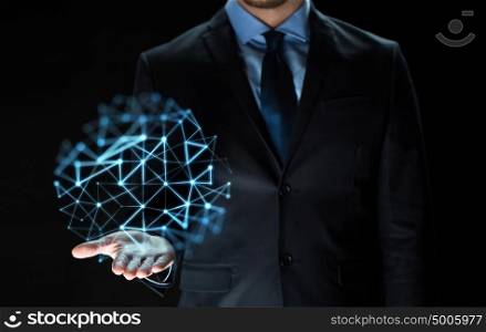 business, virtual reality, network, people and future technology concept - close up of businessman in suit with low poly projection. close up of businessman with network projection