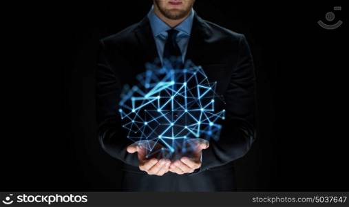 business, virtual reality, network, people and future technology concept - close up of businessman in suit with low poly projection. close up of businessman with network projection