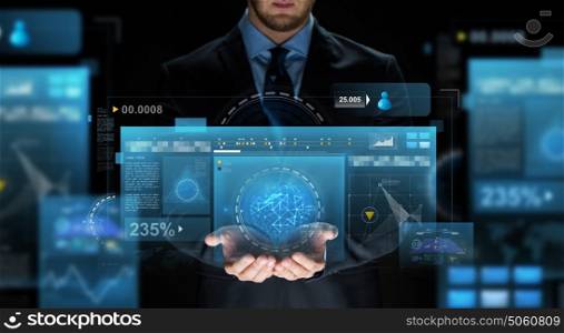 business, virtual reality, people and future technology concept - close up of businessman with screens projection over dark background. close up of businessman with virtual screens