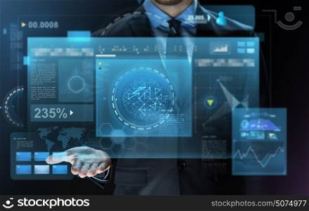 business, virtual reality, people and future technology concept - close up of businessman with screens projection over dark background. close up of businessman with virtual screens