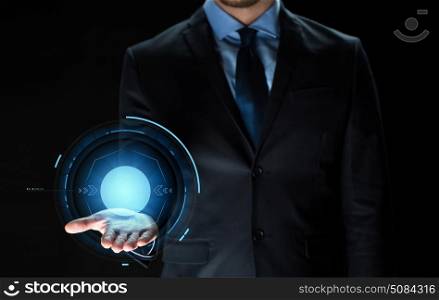 business, virtual reality, people and future technology concept - close up of businessman in suit with projection. close up of businessman with virtual projection. close up of businessman with virtual projection