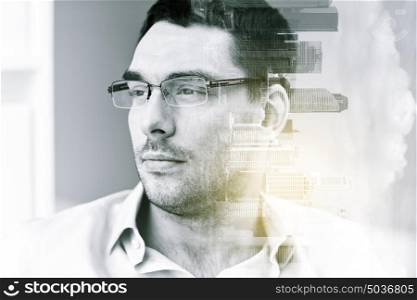 business, vision and people concept - portrait of businessman in eyeglasses at office over city buildings and double exposure effect. portrait of businessman in eyeglasses at office
