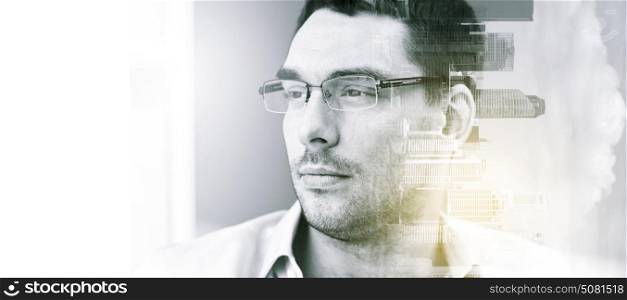 business, vision and people concept - portrait of businessman in eyeglasses at office over city buildings and double exposure effect. portrait of businessman in eyeglasses at office