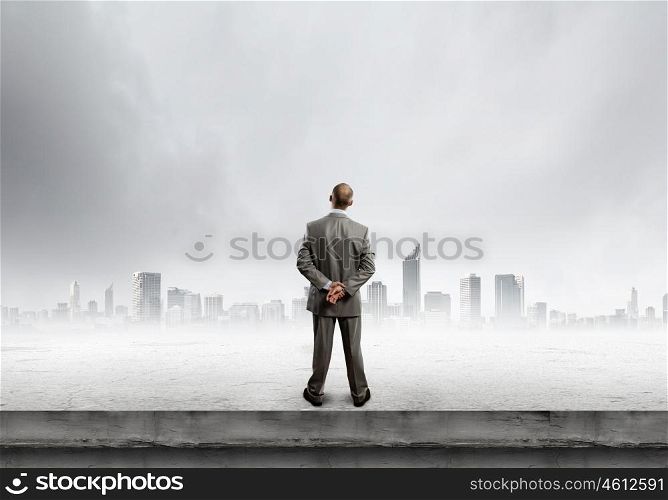 Business vision. Back view of confident businessman looking at city