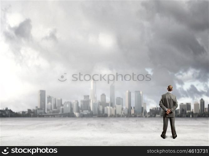 Business vision. Back view of confident businessman looking at city